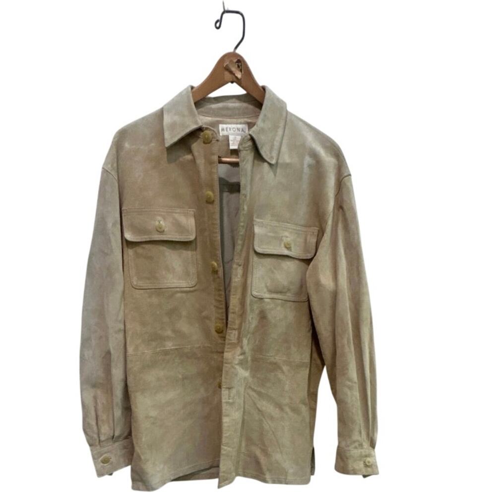 Vtg Merona genuine leather shirt jacket Cream/ beige button-up Mens small